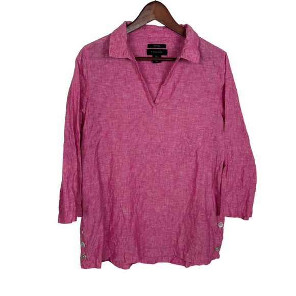 Tahari Pink Linen 3/4 Sleeve V-Neck Tunic Top Women's Large Button Side Detail - Picture 1 of 5